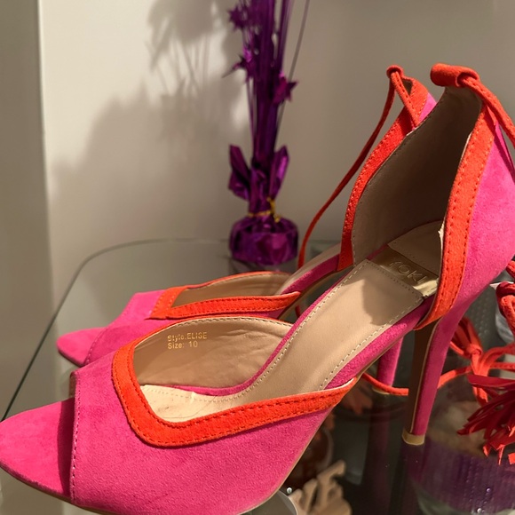 Fuchia-Orange Ankle Tie, Peep Toe Suede Dress Pump - Picture 2 of 3